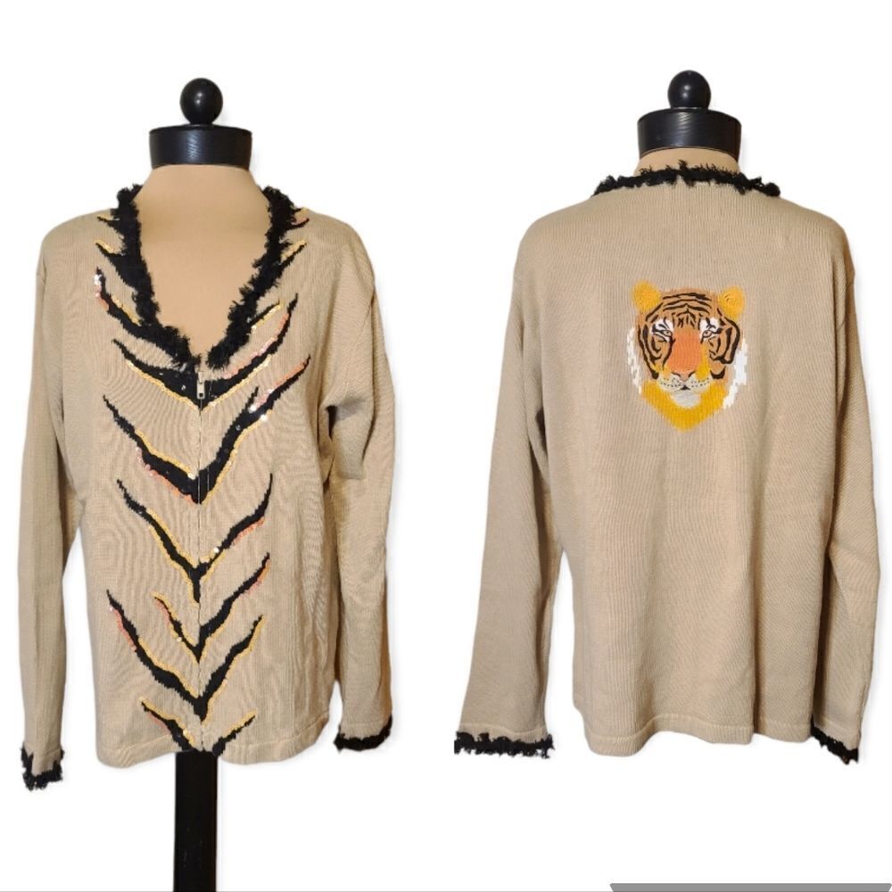 Storybook Knits Tiger Embroidered Zipper Front Cardigan Large